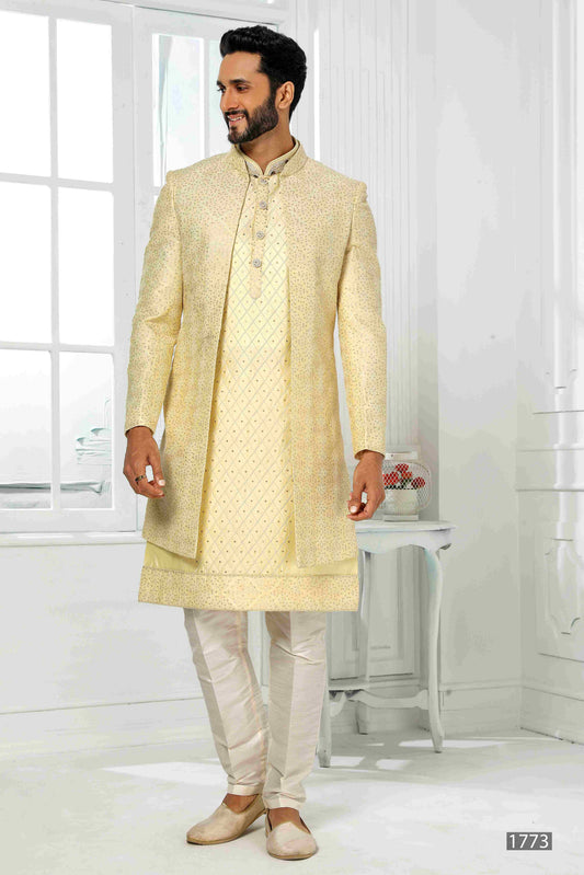 Raivat Ethnic Art Silk Embroidery Work 3 Pcs Indo Jacket Set In Yellow Colour