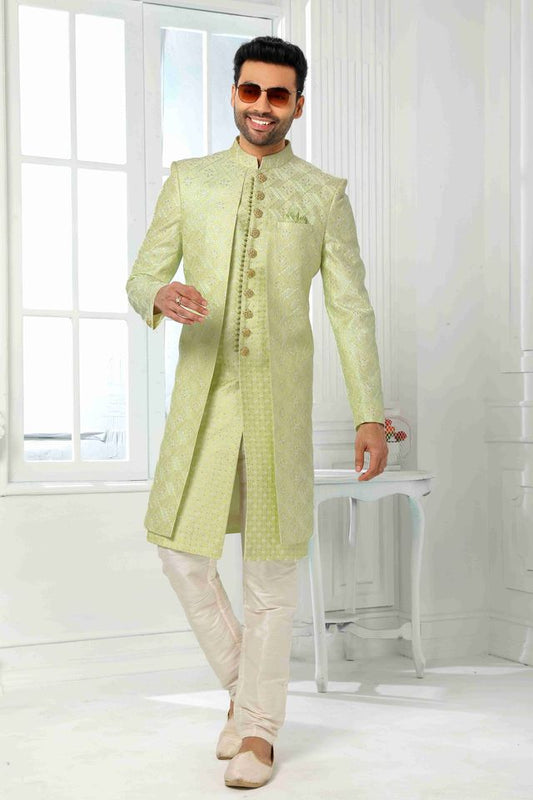 Raivat Ethnic Art Silk Embroidery Work 2 Pcs Indo Jacket Set In Pista Green Colour
