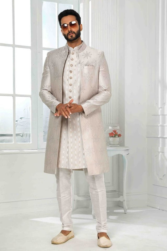 Raivat Ethnic Art Silk Embroidery Work 3 Pcs Indo Jacket Set In Light Grey Colour