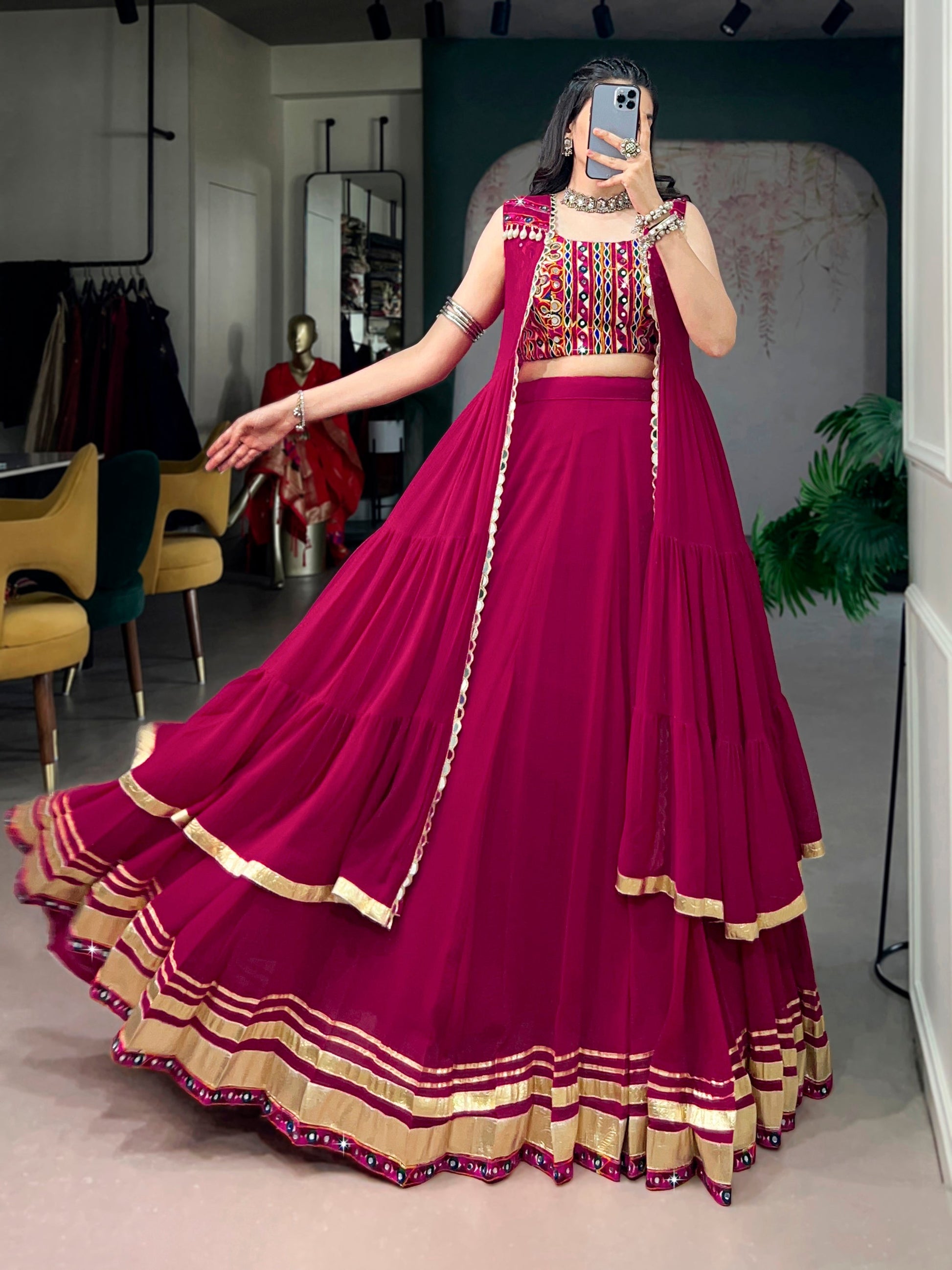 Lorenvalley Fashion Rani Pink Lightweight Fabric With Gotta Patti Lace Lehenga Choli With Koti