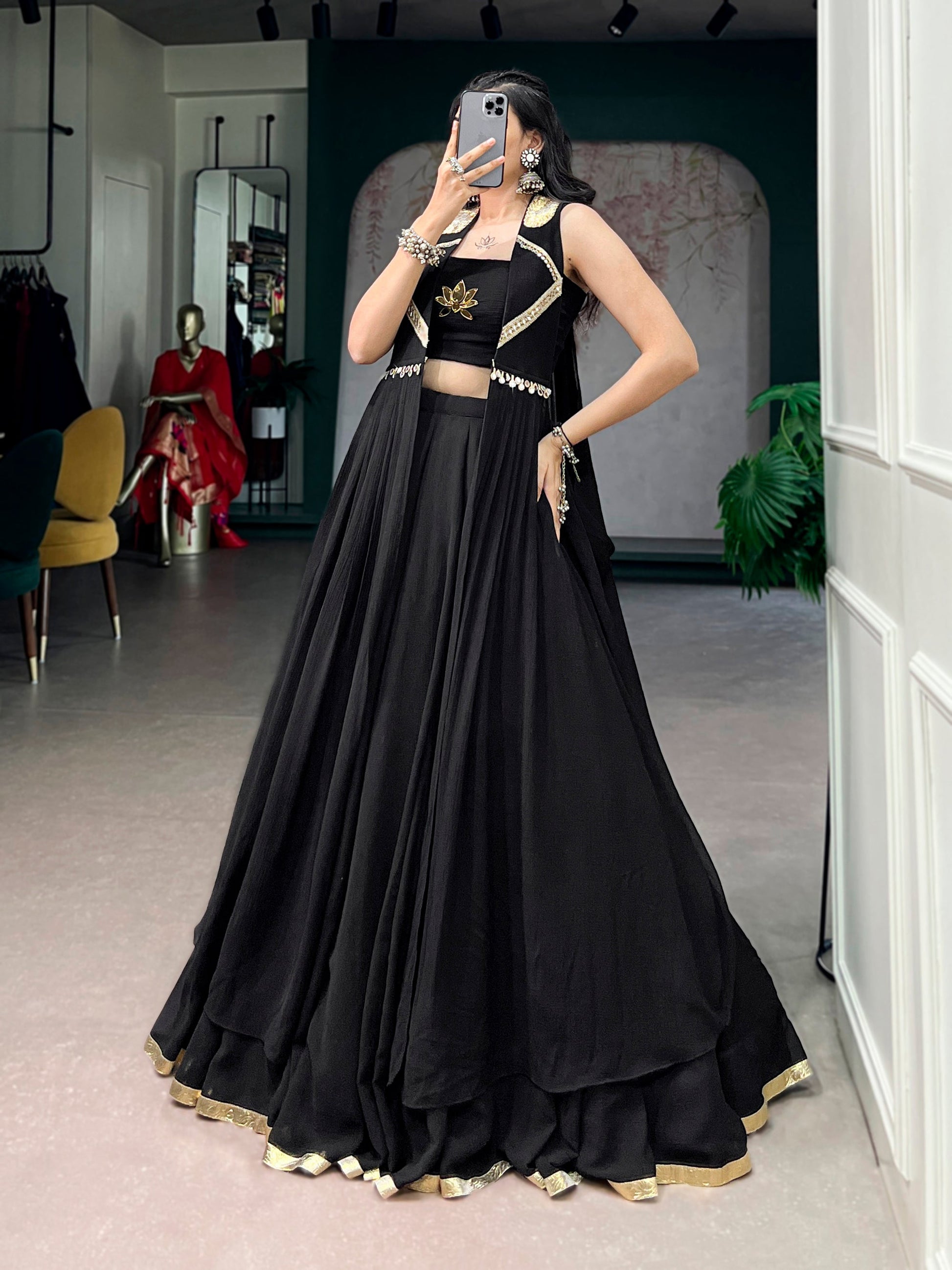 Lorenvalley Fashion Black Feather-Light Flow Fabric With Lace Lehenga Choli With Long Jacket