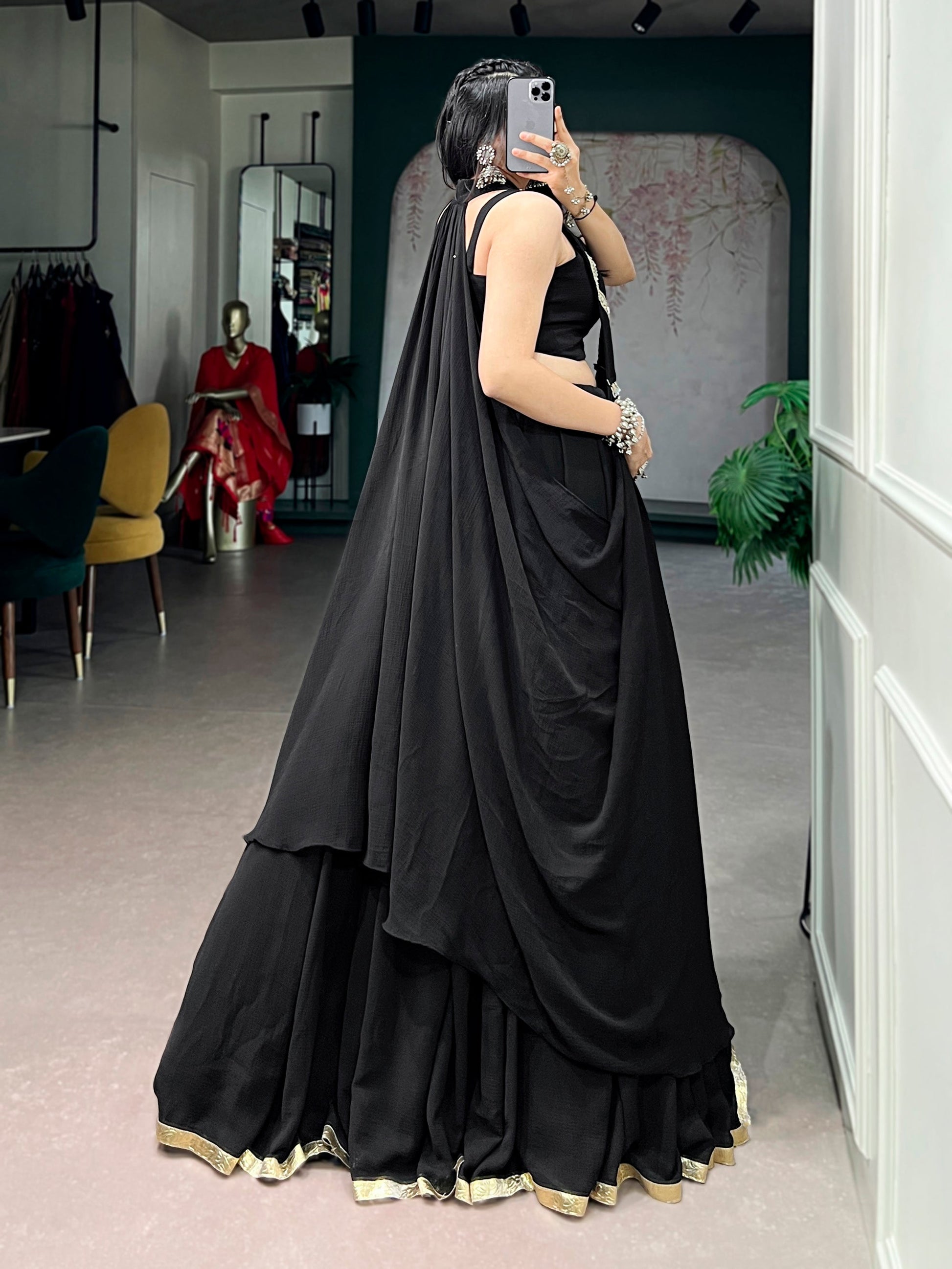 Lorenvalley Fashion Black Feather-Light Flow Fabric With Lace Lehenga Choli With Long Jacket