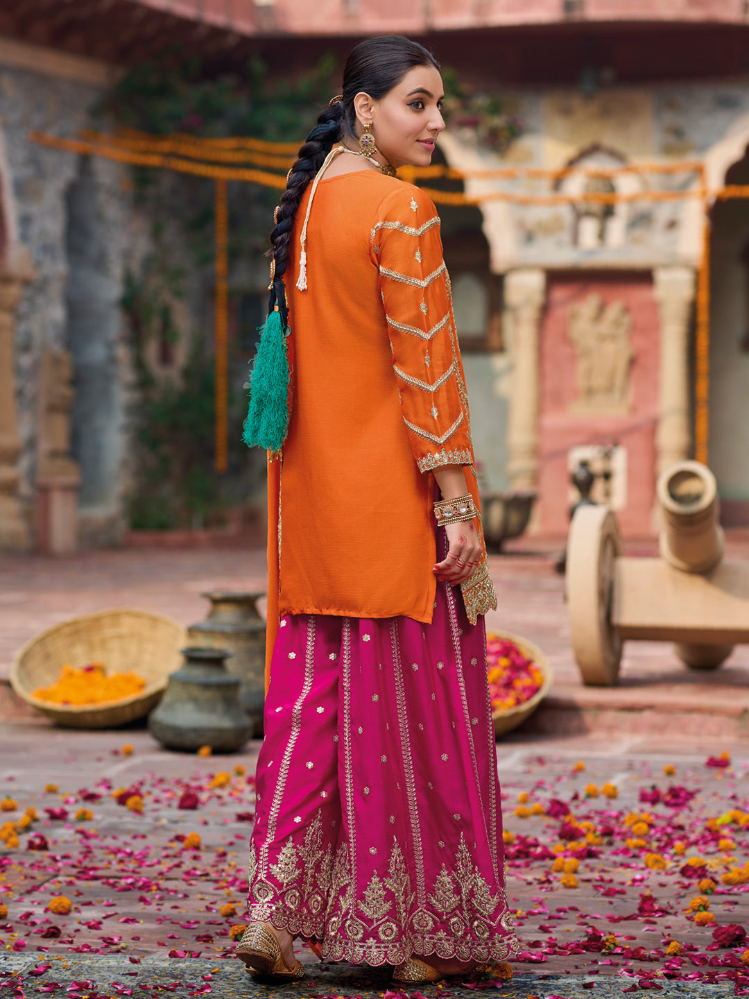 Evanik Orange and Magenta Chinon Silk with Embroidered and Sequence work Palazzo Suit