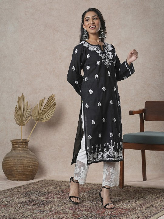 ADA Women Sustainable Black & White Paisley Chikankari Hand Embroidered Straight Kurta 