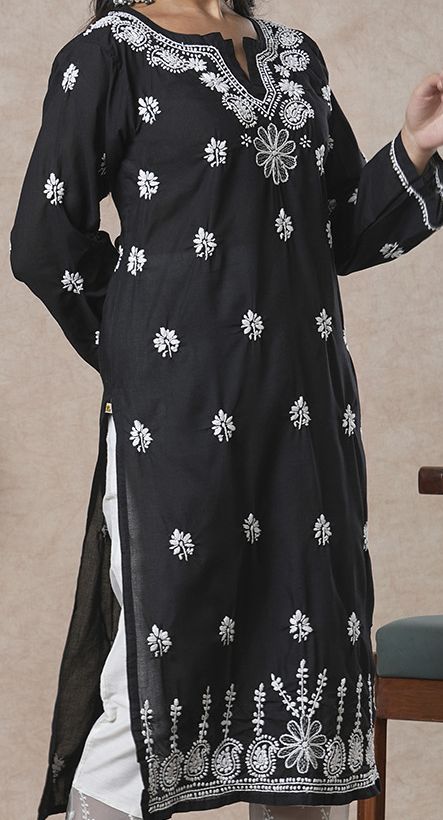 ADA Women Sustainable Black & White Paisley Chikankari Hand Embroidered Straight Kurta 