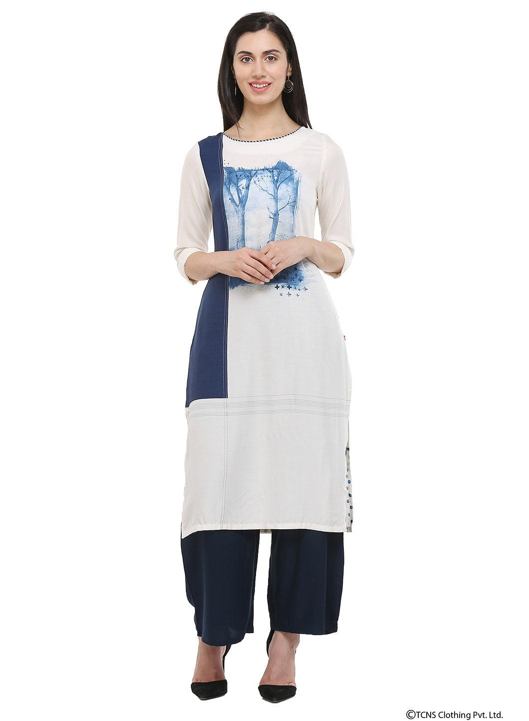 W for Woman White 3/4 Sleeve Round Neck kurta