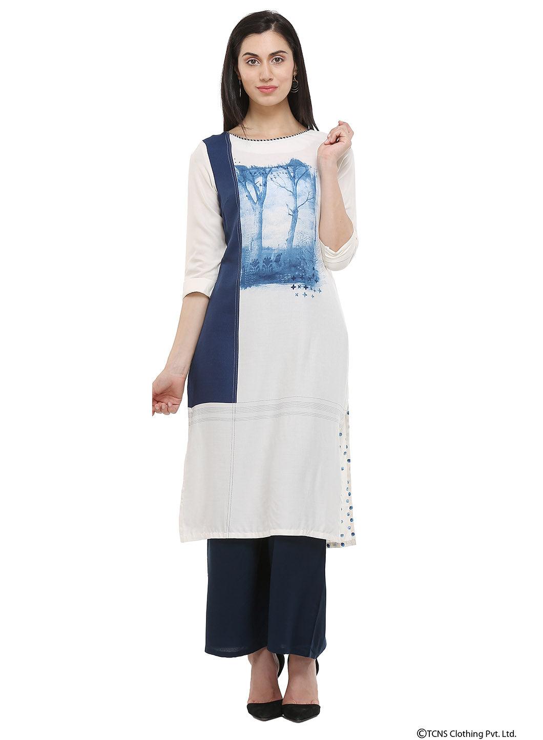 W for Woman White 3/4 Sleeve Round Neck kurta