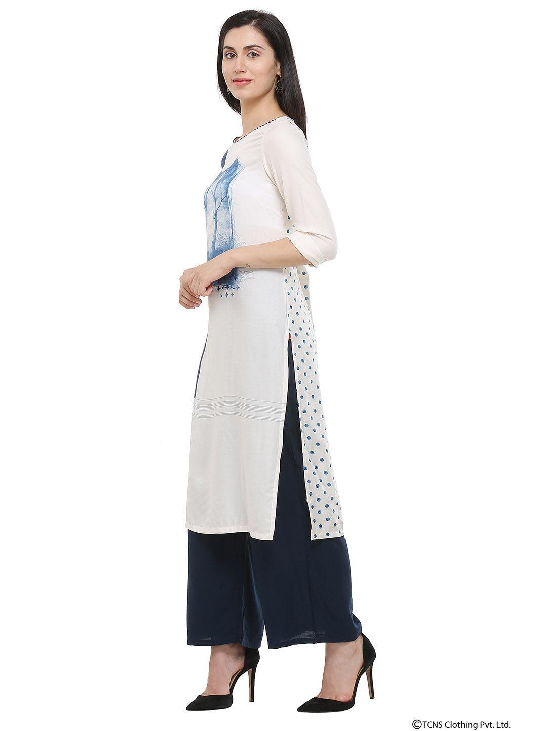 W for Woman White 3/4 Sleeve Round Neck kurta