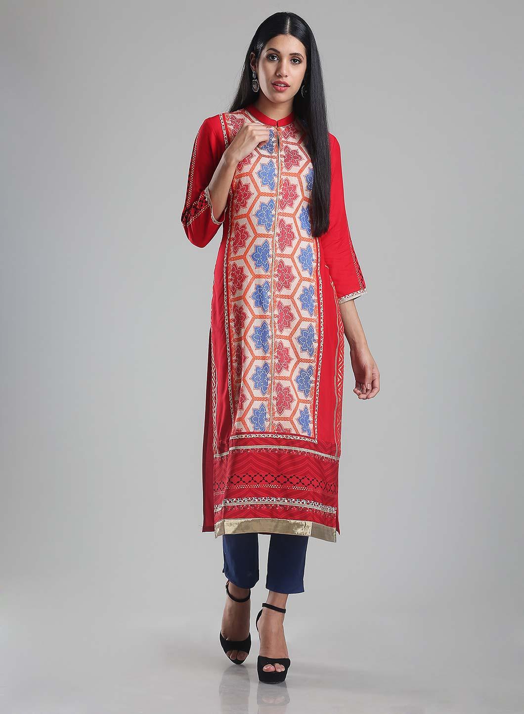 W for Woman Red Mandarin Neck Printed kurta