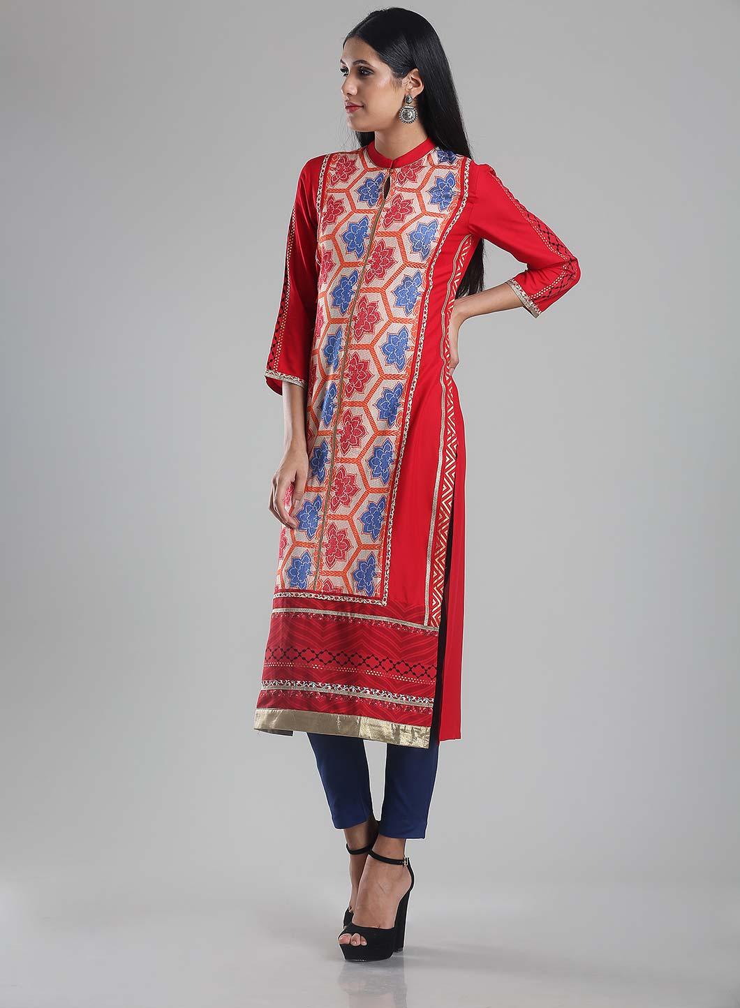 W for Woman Red Mandarin Neck Printed kurta