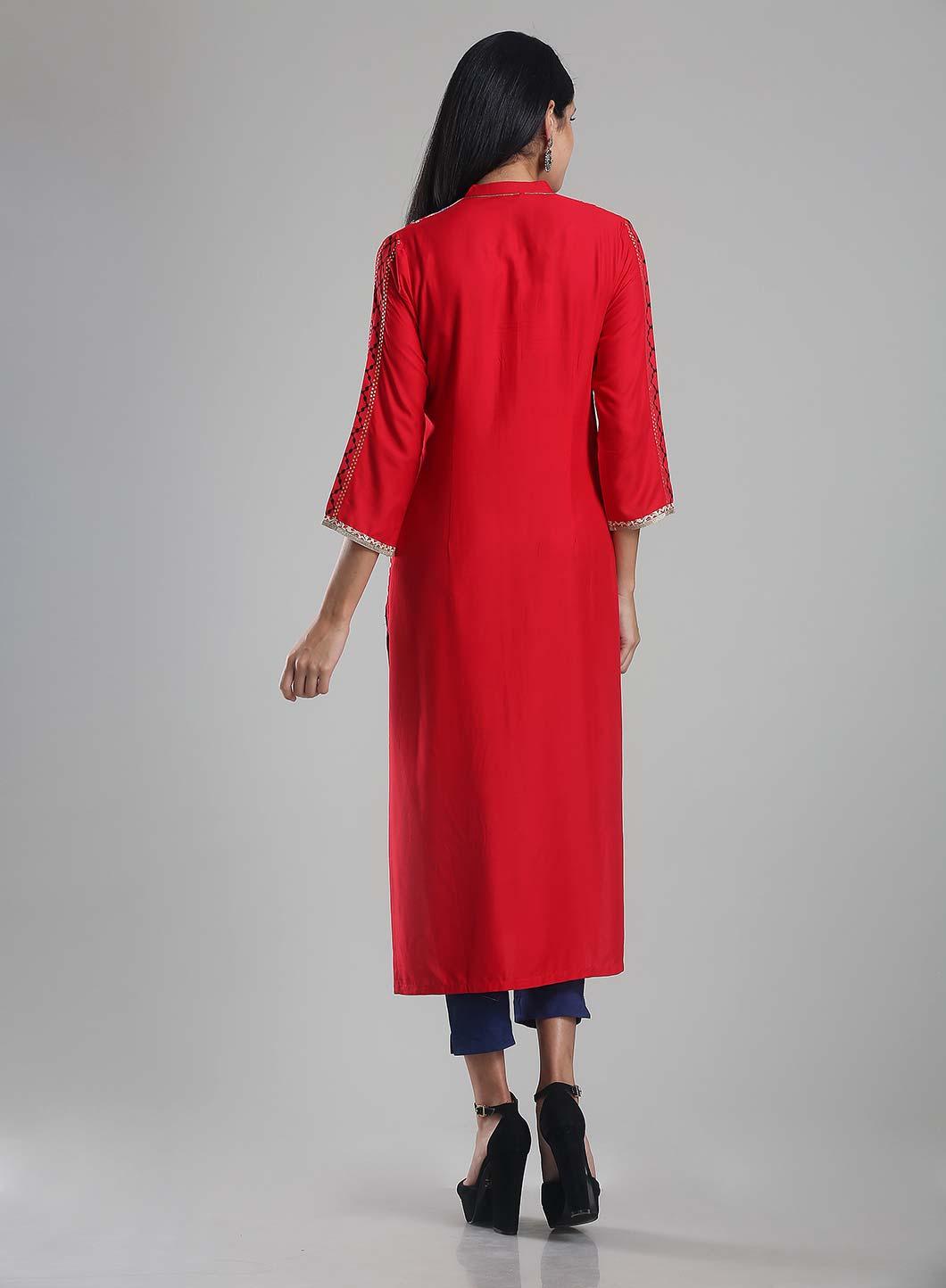 W for Woman Red Mandarin Neck Printed kurta