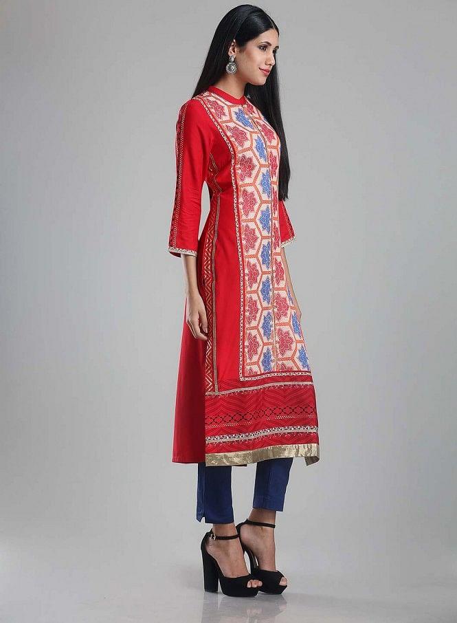 W for Woman Red Mandarin Neck Printed kurta