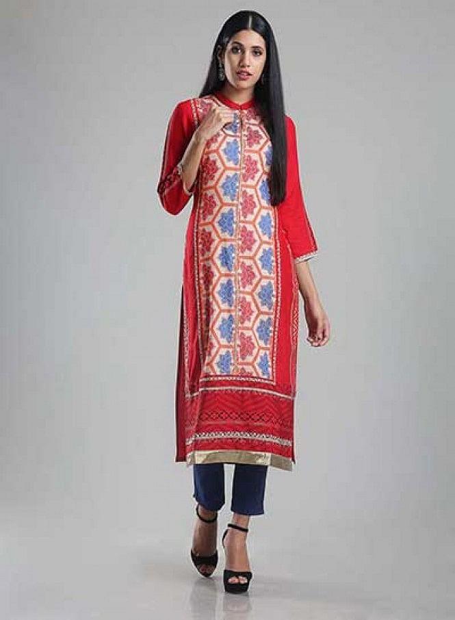 W for Woman Red Mandarin Neck Printed kurta