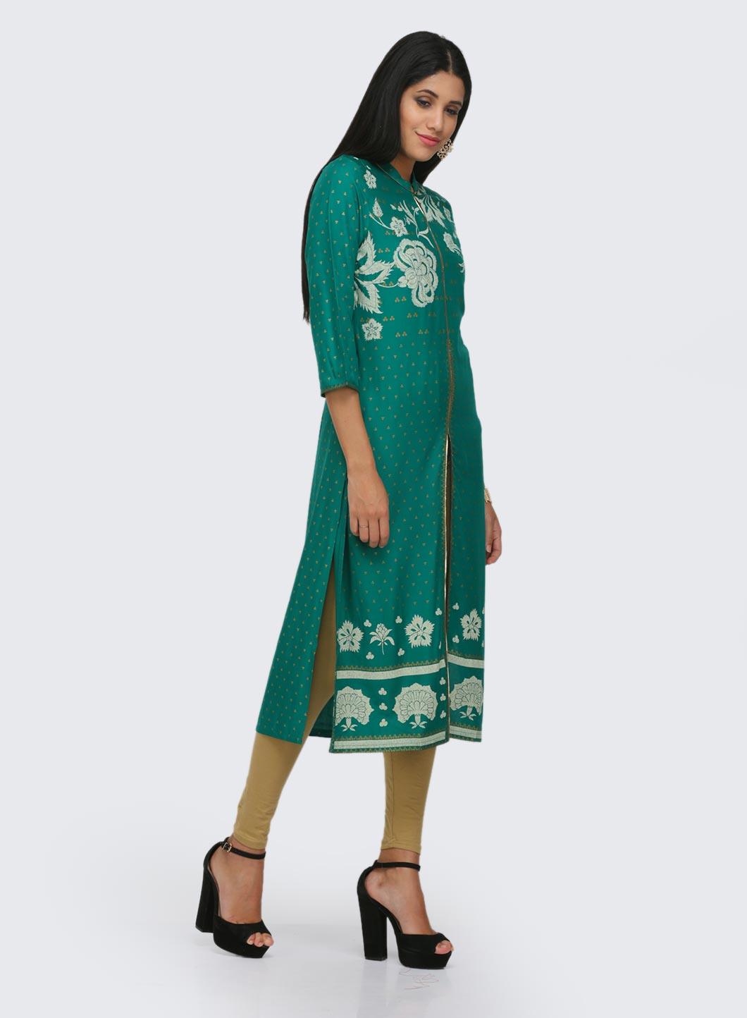 W for Woman Green Printed Mandarin Neck kurta