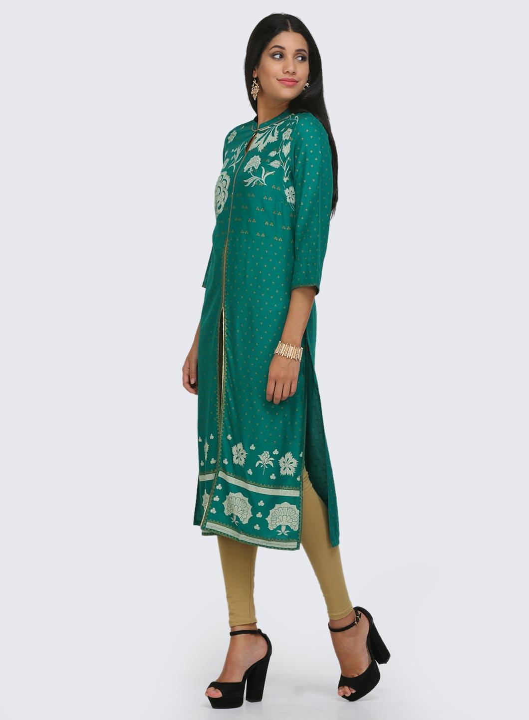 W for Woman Green Printed Mandarin Neck kurta