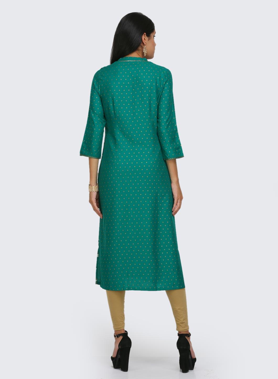 W for Woman Green Printed Mandarin Neck kurta