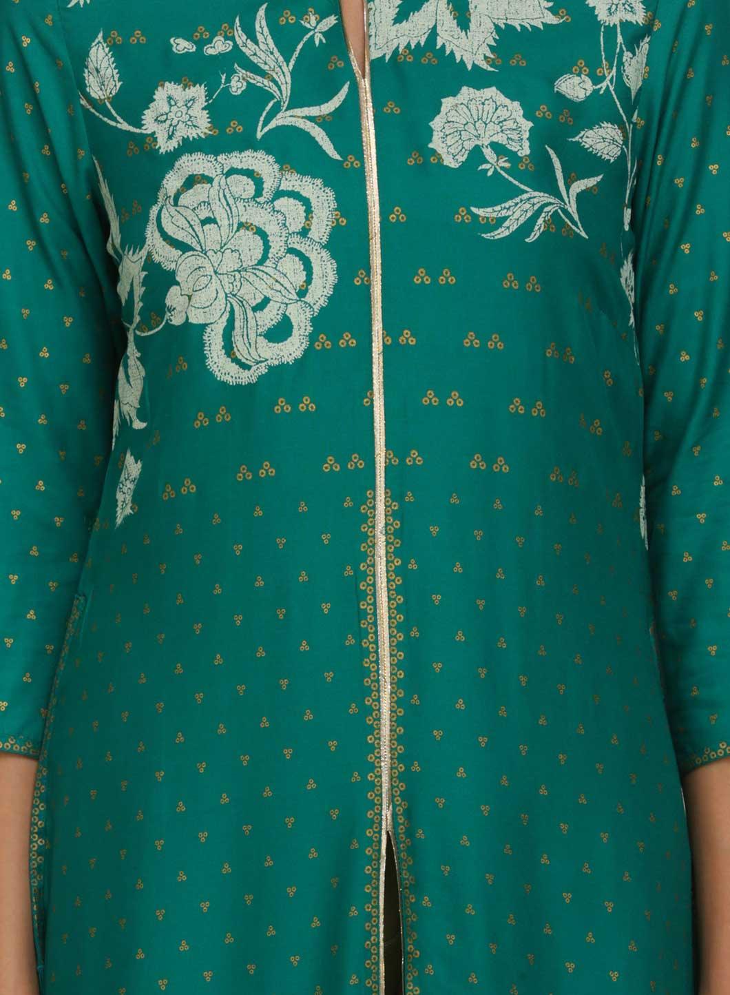 W for Woman Green Printed Mandarin Neck kurta