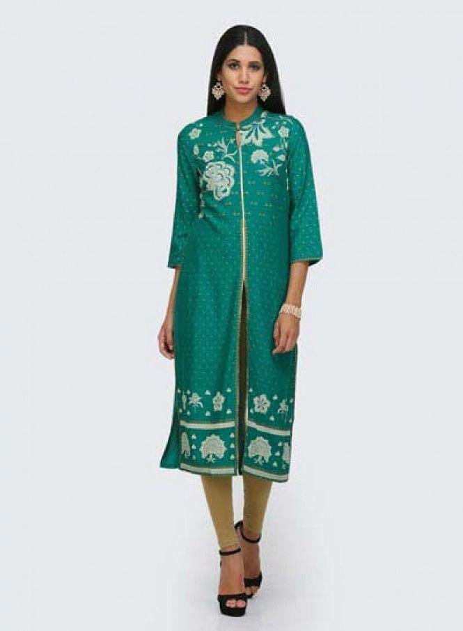 W for Woman Green Printed Mandarin Neck kurta