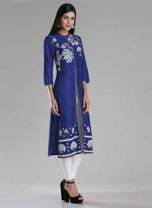W for Woman Blue Printed Front Slit kurta