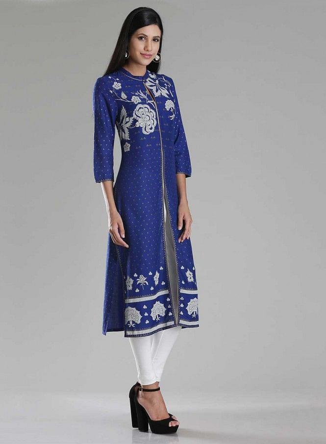 W for Woman Blue Printed Front Slit kurta
