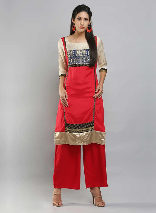 W for Woman Red & Cream-coloured Square Neck Printed kurta