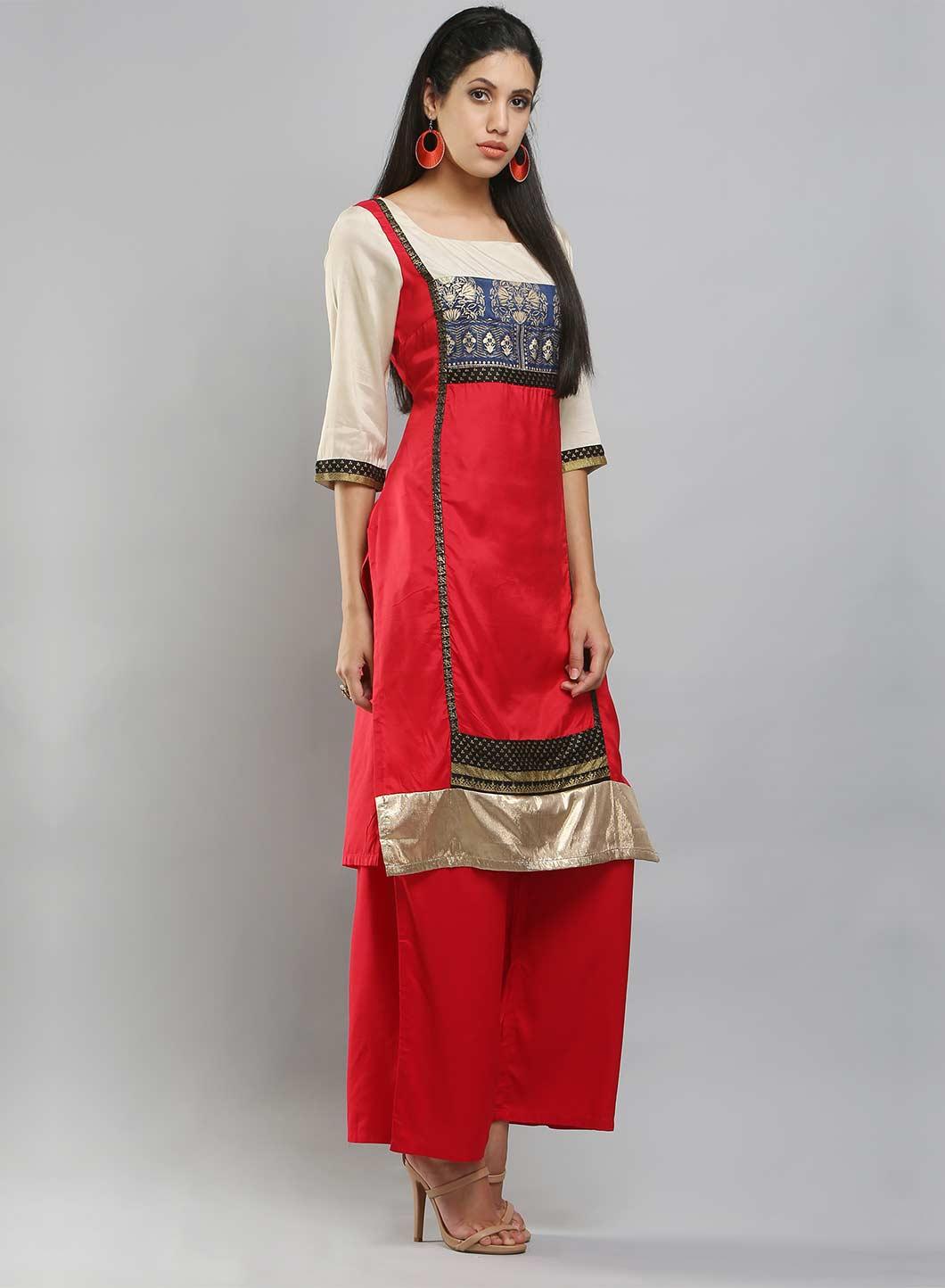 W for Woman Red & Cream-coloured Square Neck Printed kurta