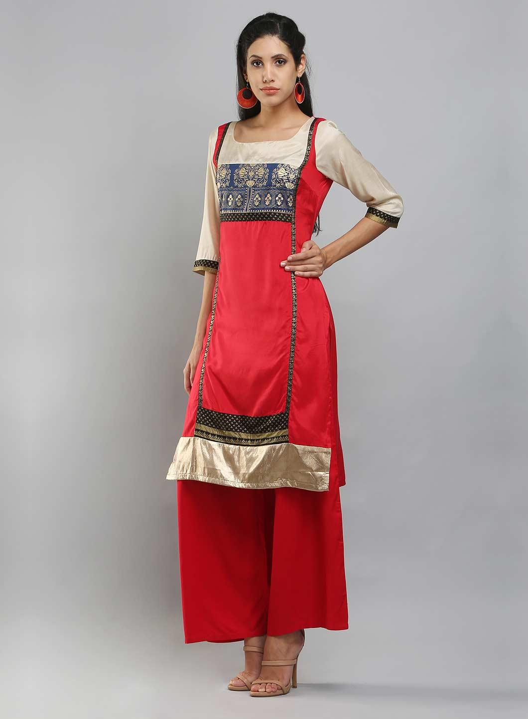 W for Woman Red & Cream-coloured Square Neck Printed kurta