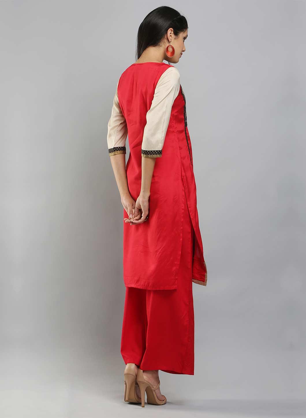 W for Woman Red & Cream-coloured Square Neck Printed kurta