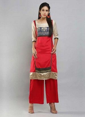 W for Woman Red & Cream-coloured Square Neck Printed kurta