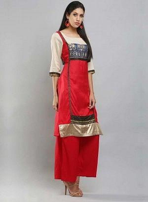 W for Woman Red & Cream-coloured Square Neck Printed kurta