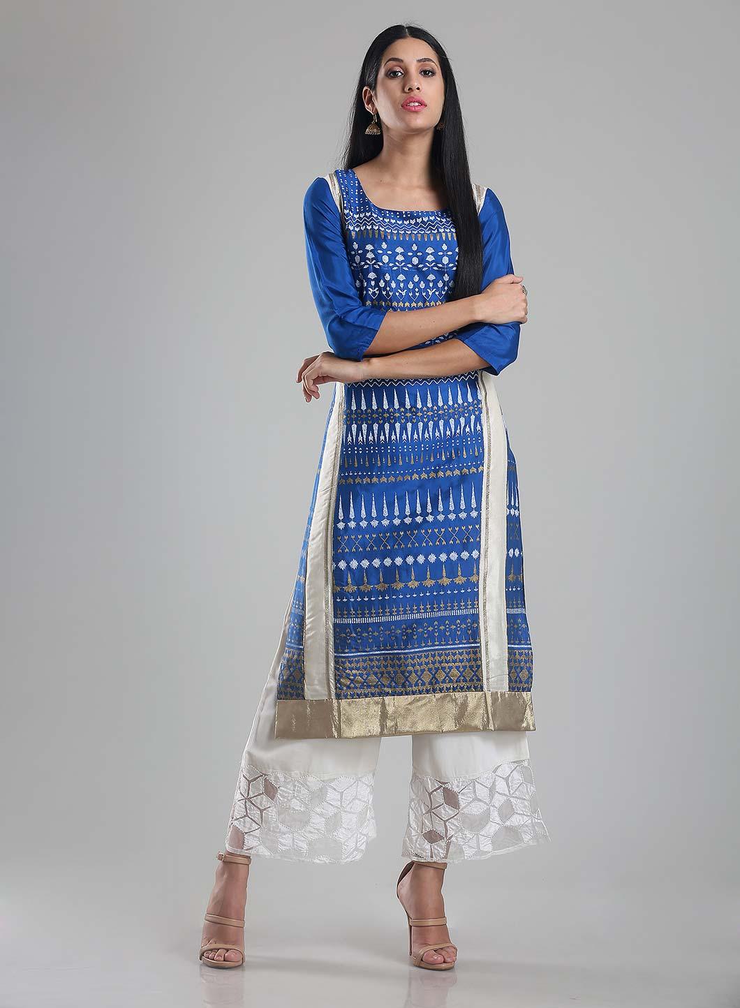 W for Woman Blue Square Neck Printed kurta