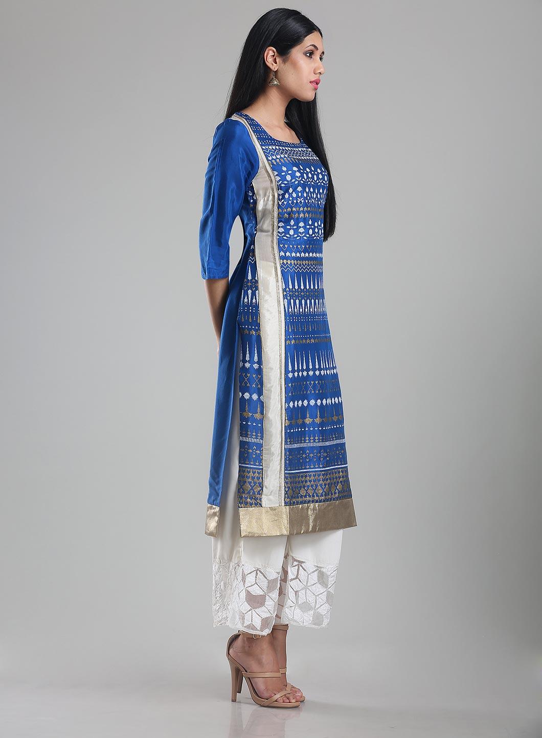 W for Woman Blue Square Neck Printed kurta