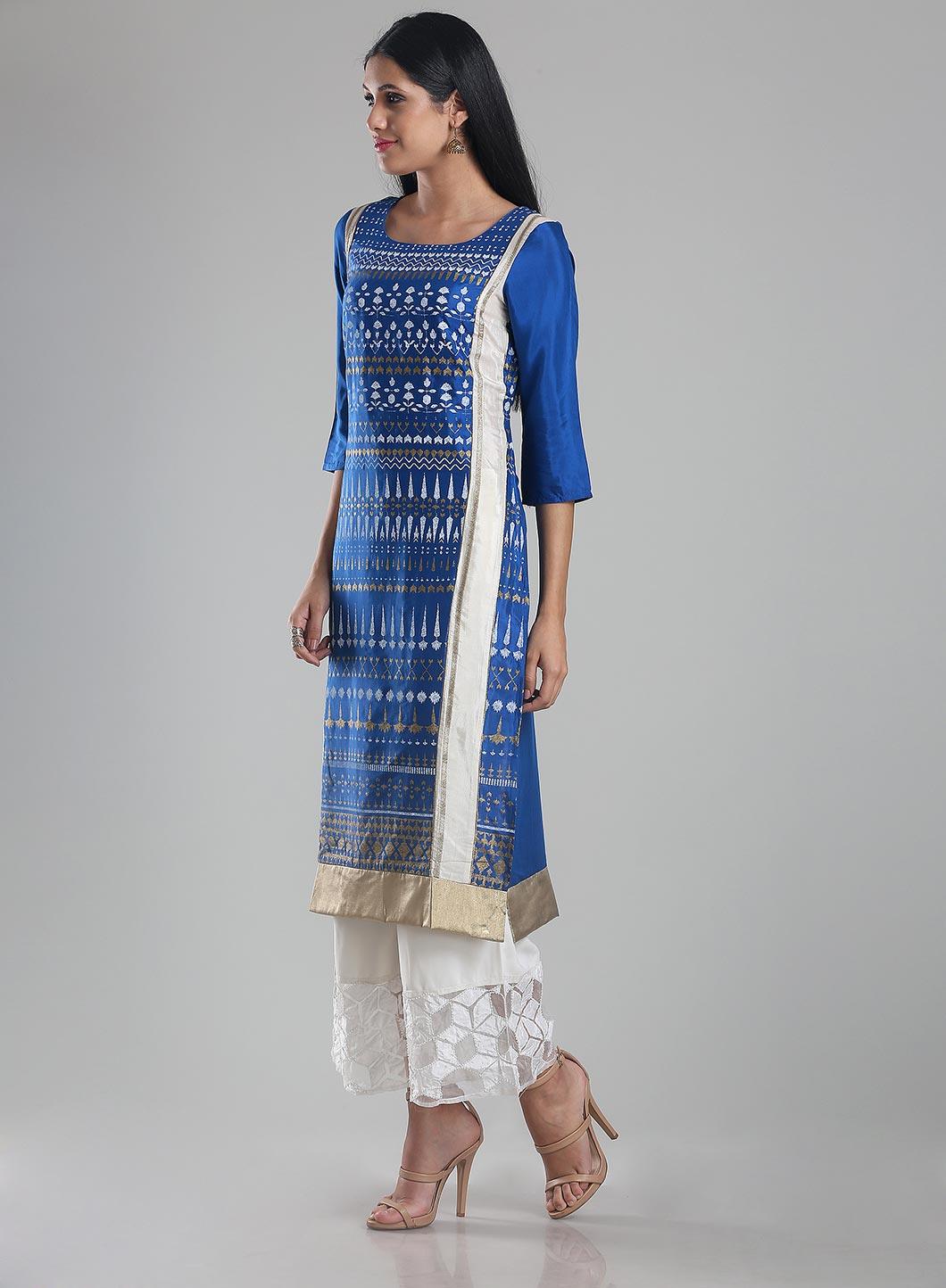 W for Woman Blue Square Neck Printed kurta