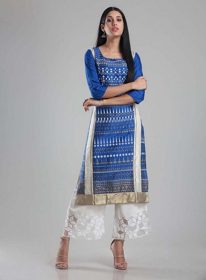 W for Woman Blue Square Neck Printed kurta