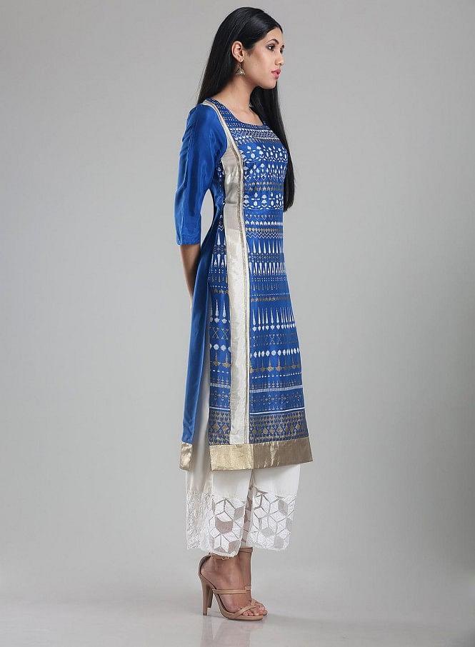 W for Woman Blue Square Neck Printed kurta