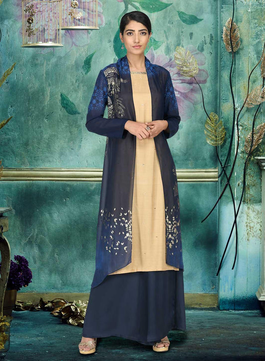 W for Woman Navy Blue Round Neck Embellished kurta