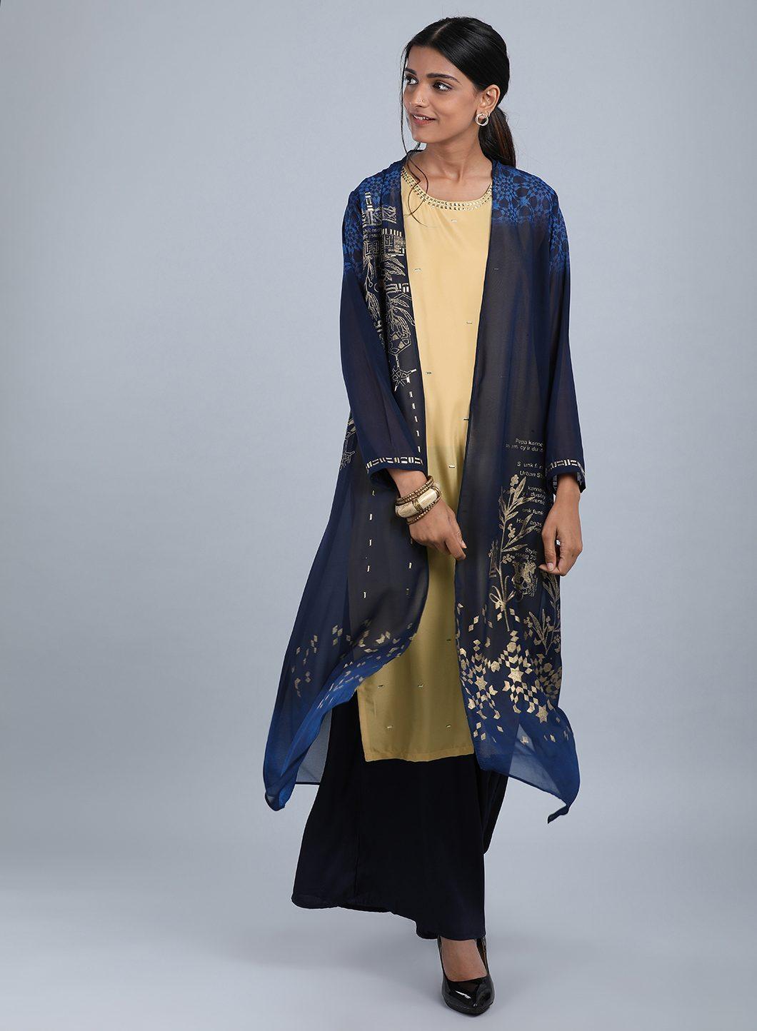 W for Woman Navy Blue Round Neck Embellished kurta