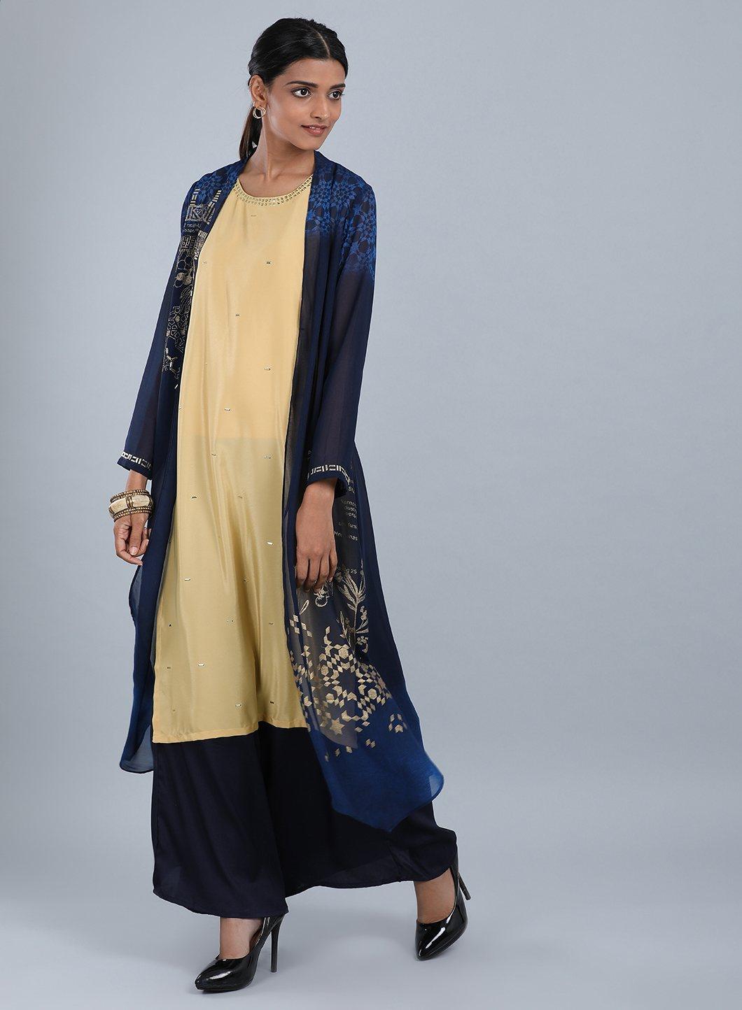 W for Woman Navy Blue Round Neck Embellished kurta