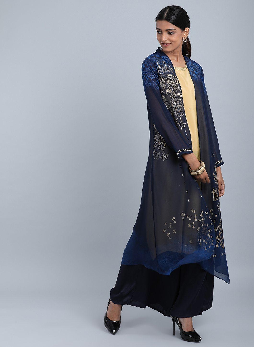 W for Woman Navy Blue Round Neck Embellished kurta