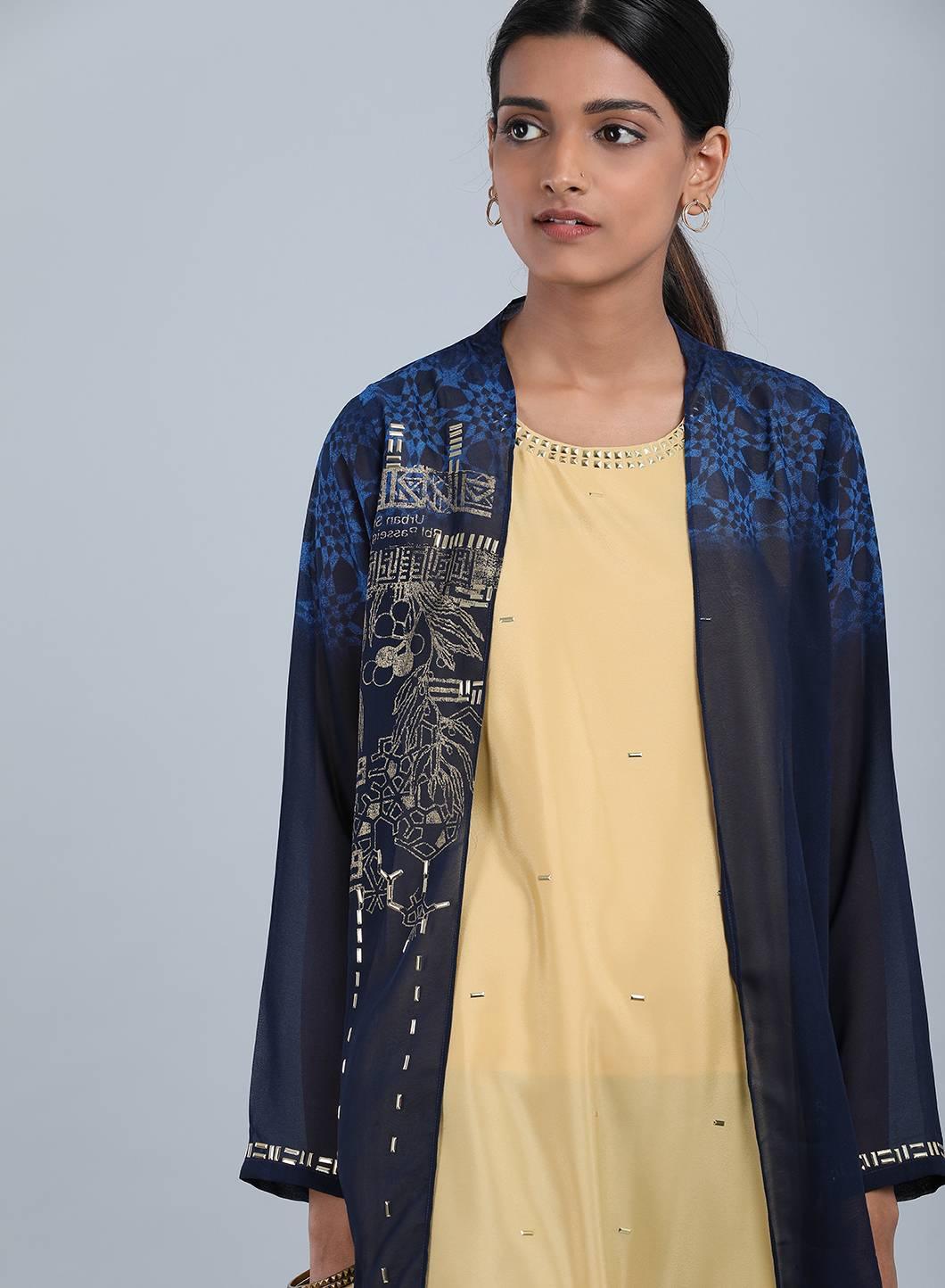 W for Woman Navy Blue Round Neck Embellished kurta