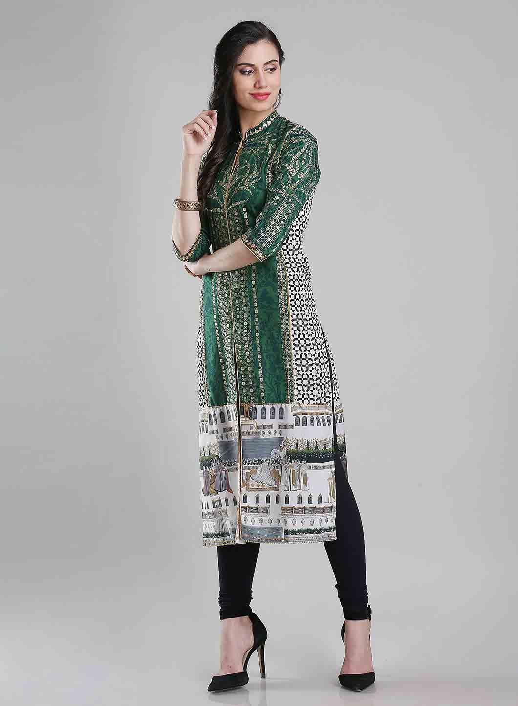 W for Woman Green Printed Mandarin Neck kurta