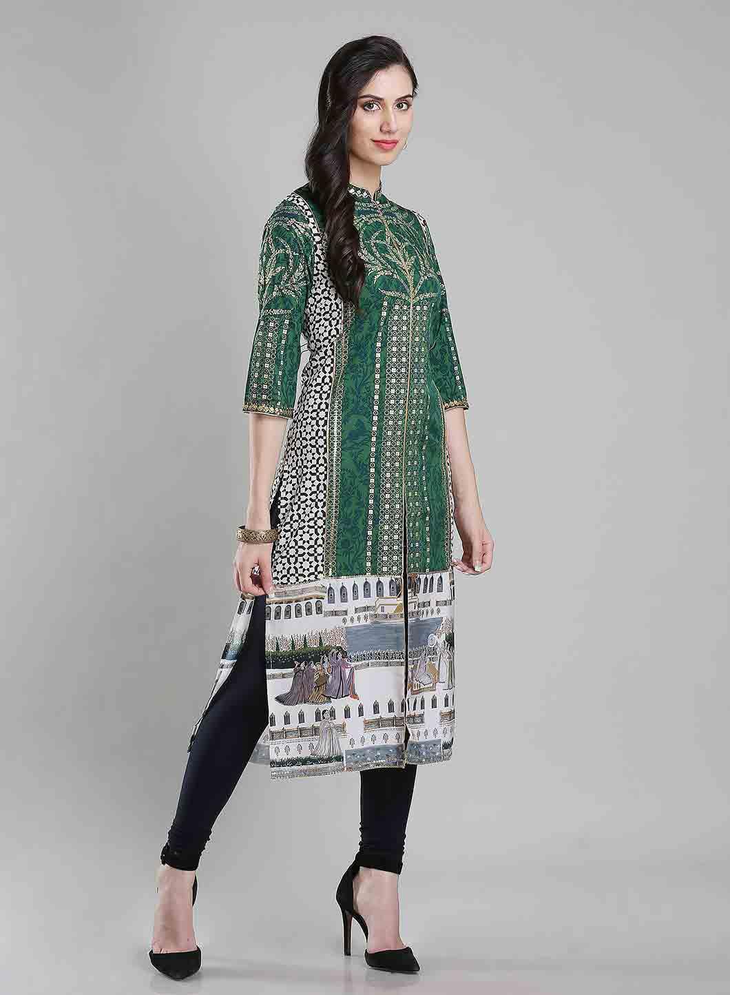 W for Woman Green Printed Mandarin Neck kurta