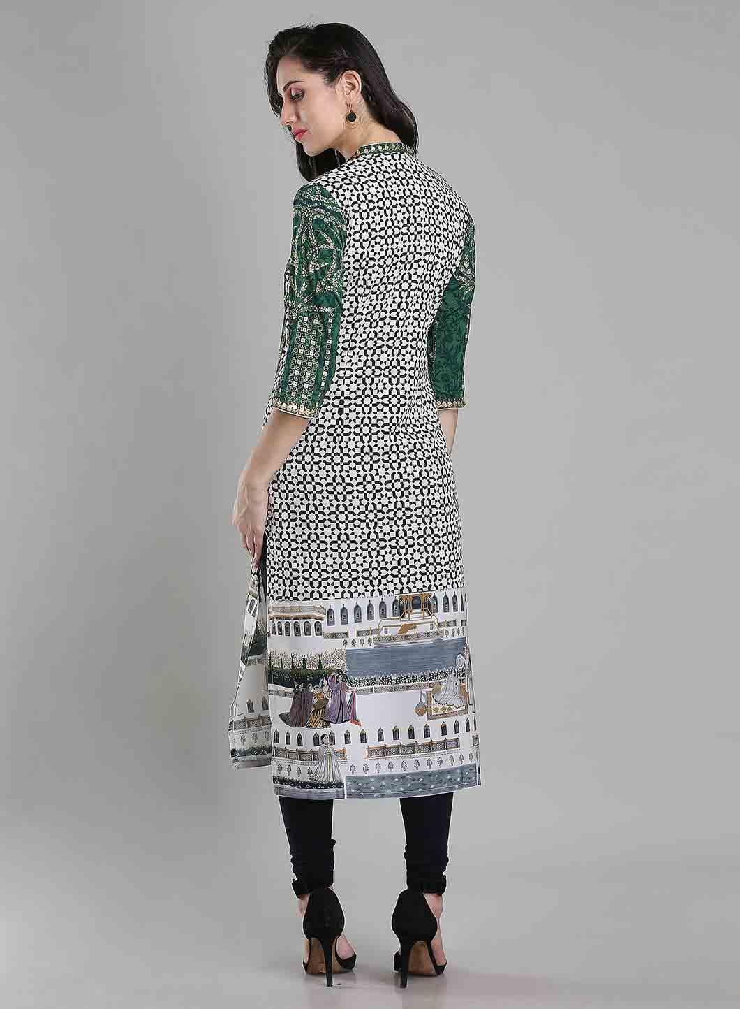 W for Woman Green Printed Mandarin Neck kurta