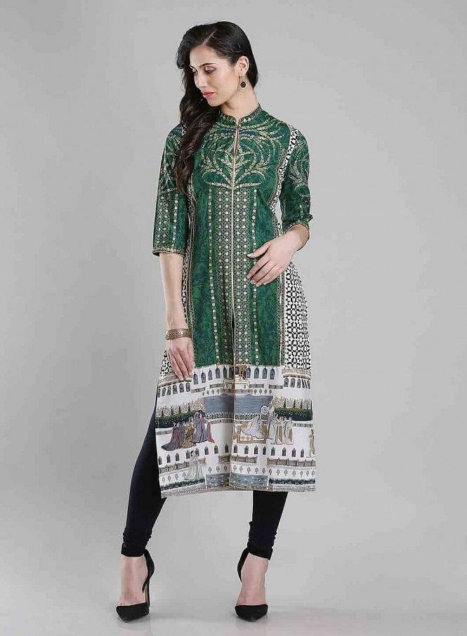 W for Woman Green Printed Mandarin Neck kurta