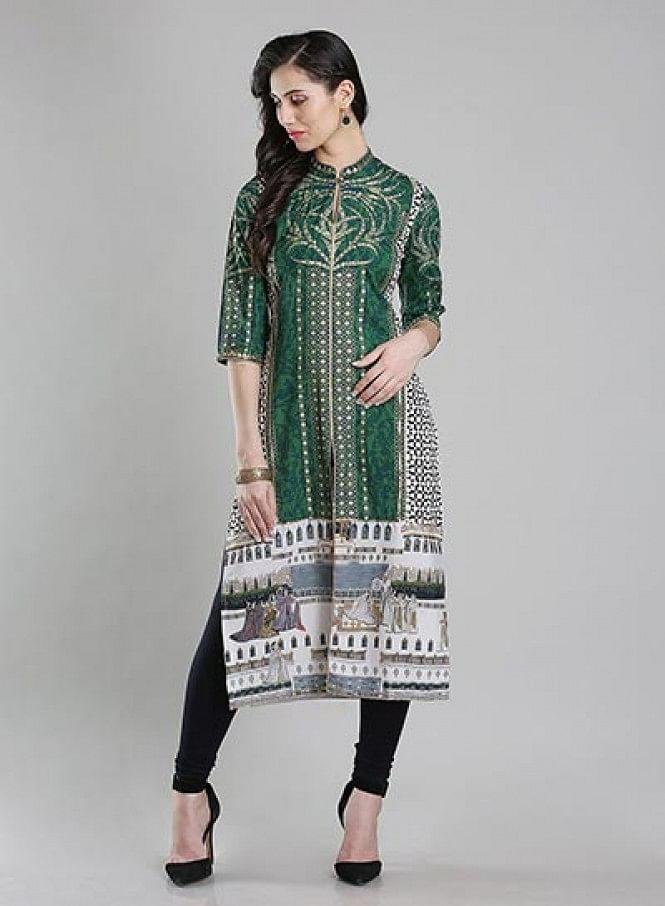 W for Woman Green Printed Mandarin Neck kurta