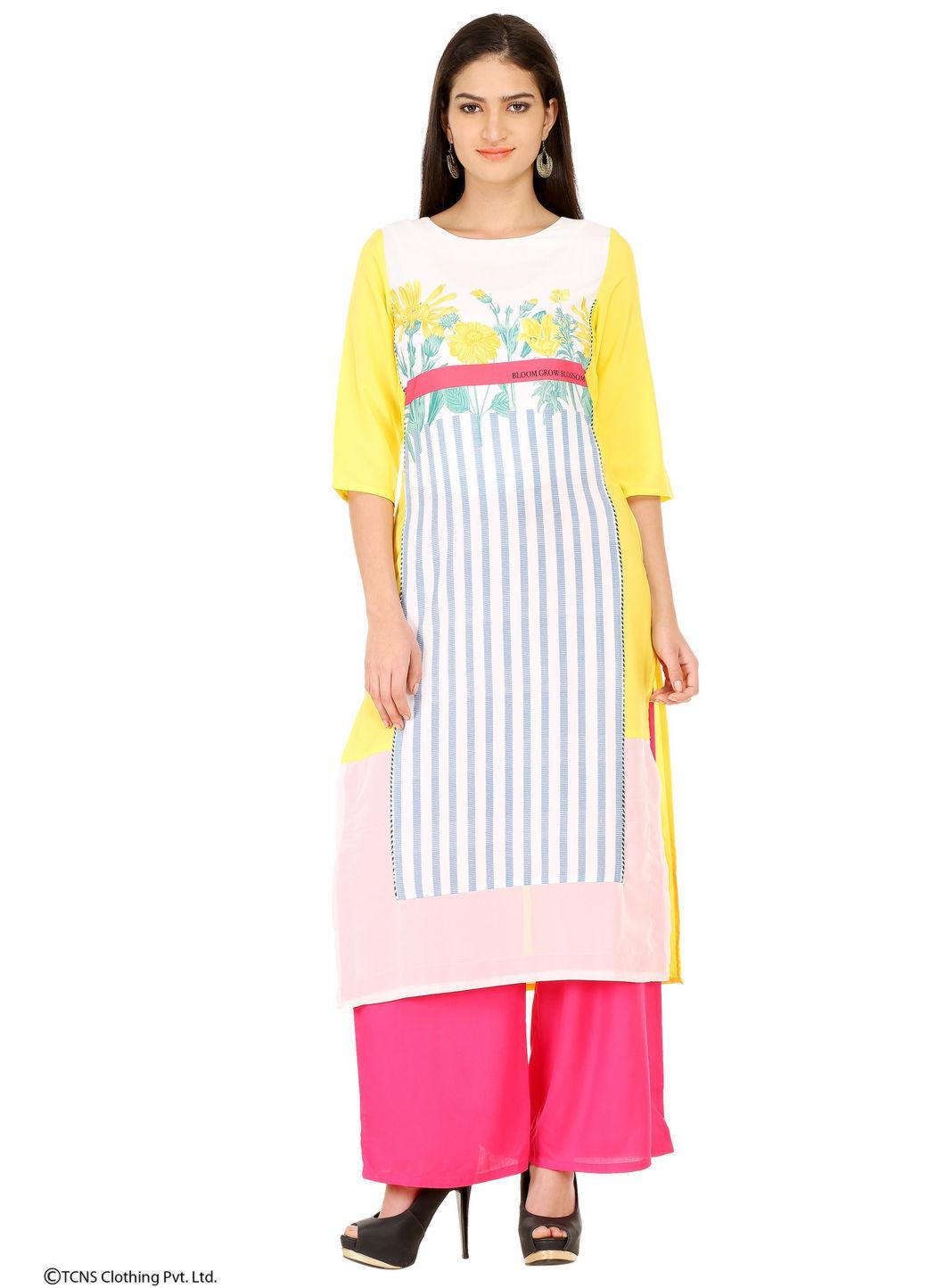 W for Woman Yellow Printed 3/4 Sleeve kurta