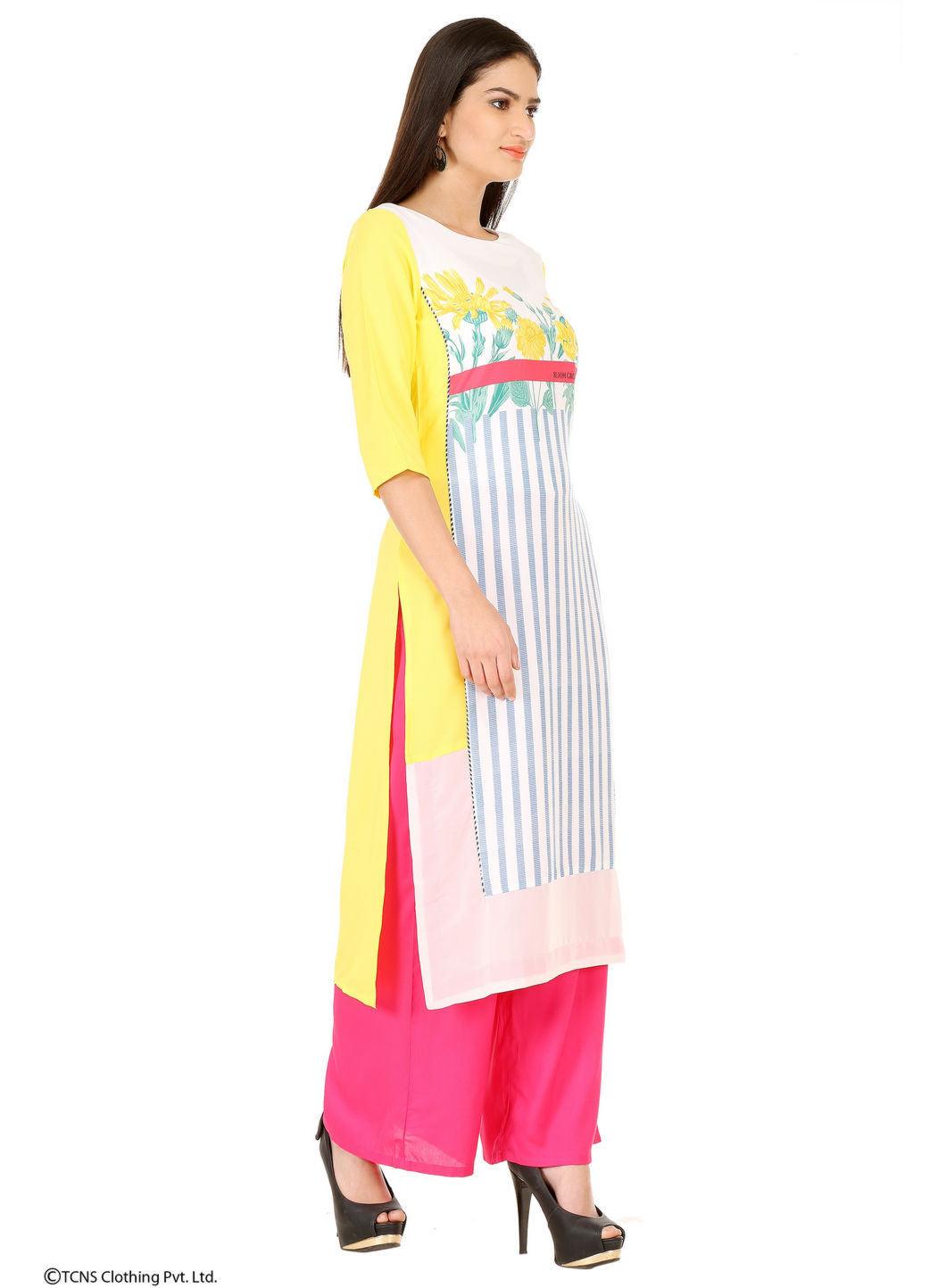 W for Woman Yellow Printed 3/4 Sleeve kurta