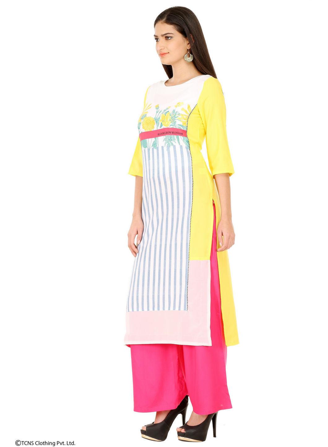 W for Woman Yellow Printed 3/4 Sleeve kurta