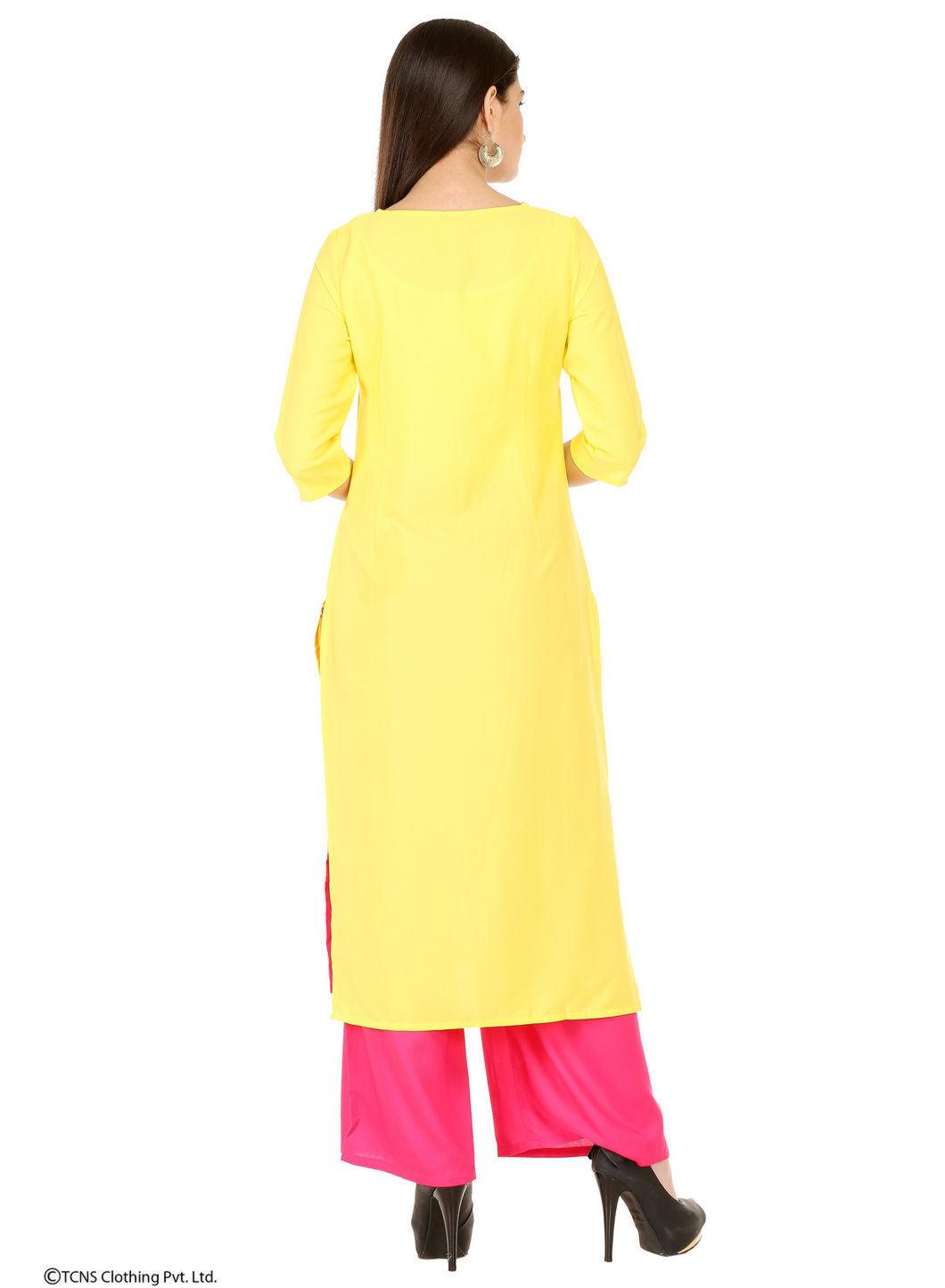 W for Woman Yellow Printed 3/4 Sleeve kurta