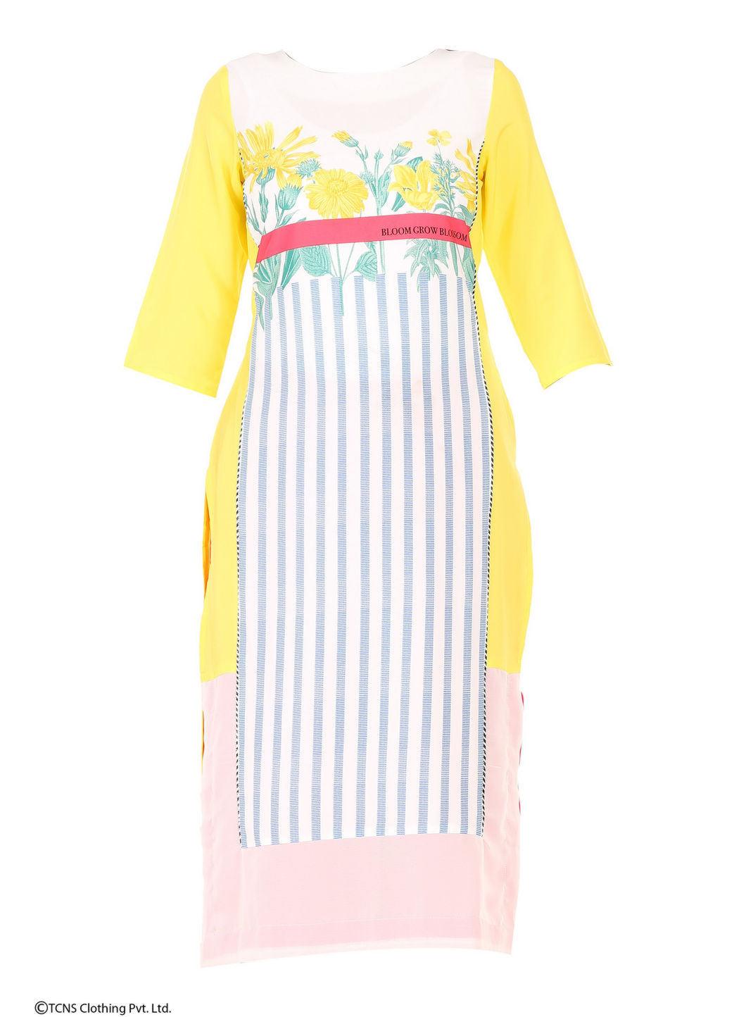 W for Woman Yellow Printed 3/4 Sleeve kurta